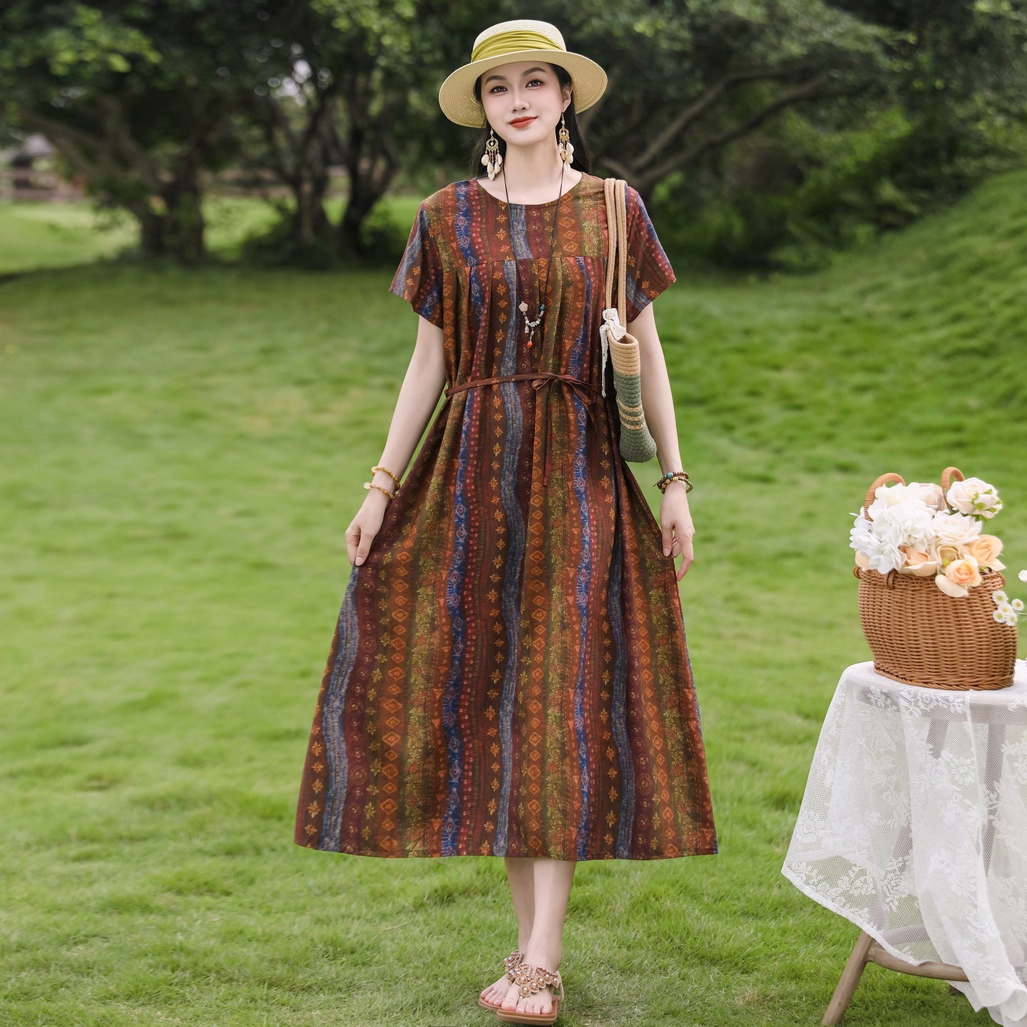 New Elegant Cotton Silk Dress For Middle Aged And Senior Women