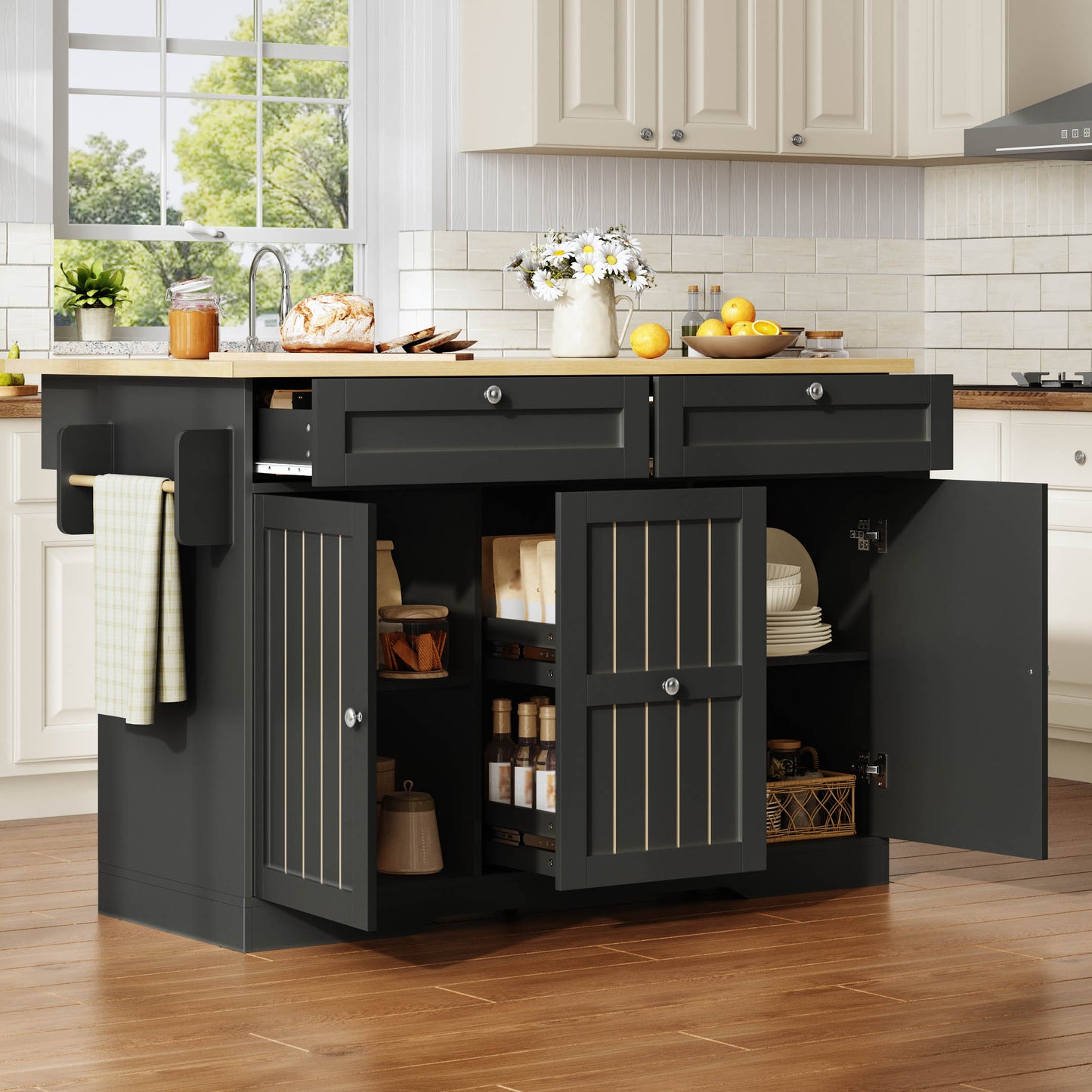 Mobile Kitchen Island With Folding Worktop, Serving Trolley And Storage Cabinet, With 2-tier Vertical Drawers, 2 Large Drawers And Lockable Casters, 120 X45  X92 Cm.