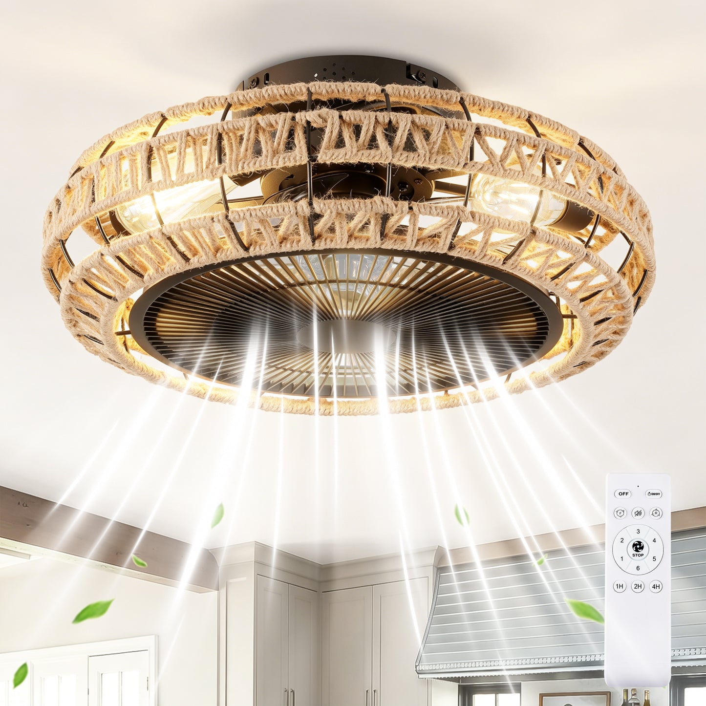 20  Vintage Rope Fan Light With Remote Control 6 Speed Adjustable Airflow Ceiling Fan For Living Room, Bedroom,Kitchen--NOT INCLUDED BULBS
