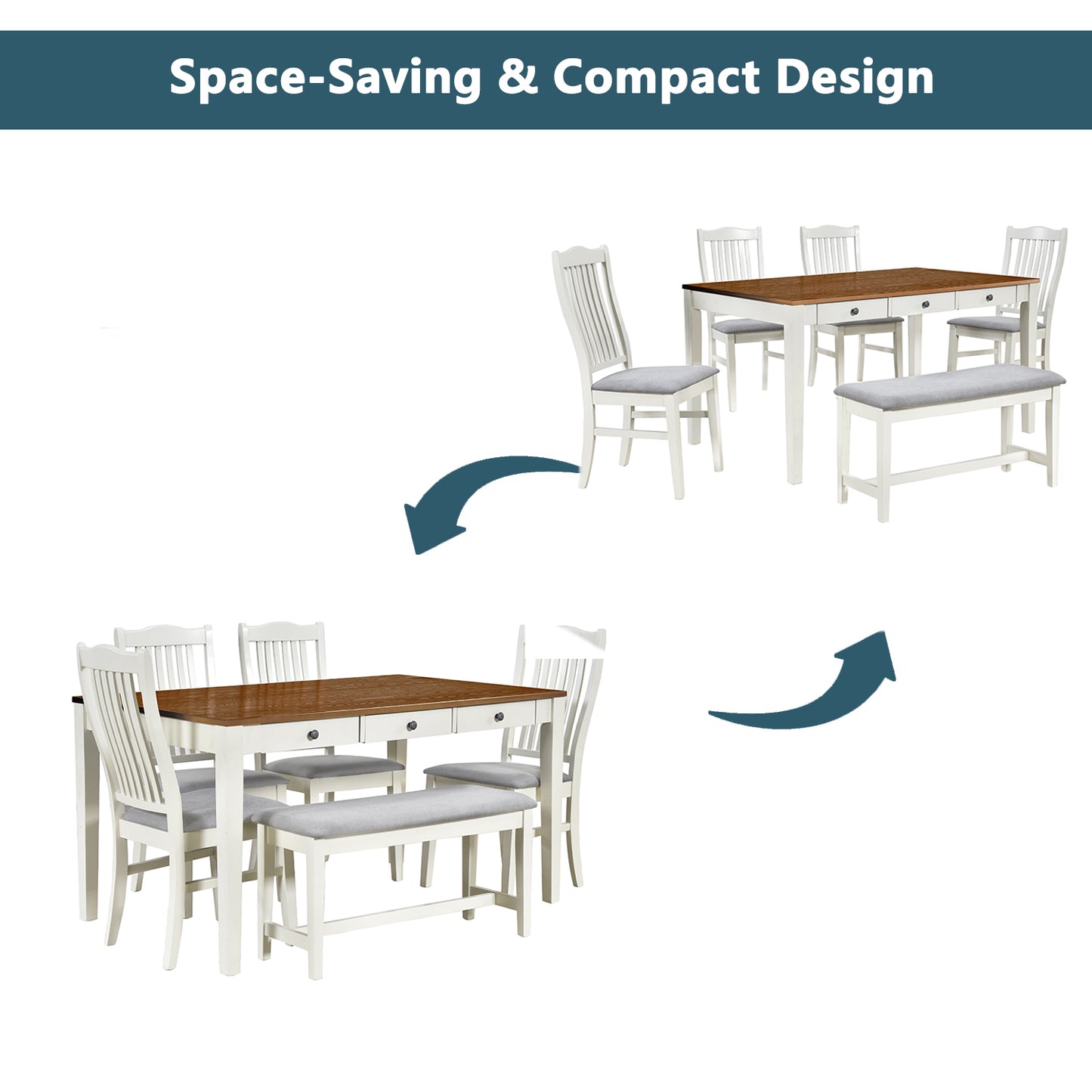 TOPMAX Mid-Century 6-Piece Wood Dining Table Set, Kitchen Table Set With Drawer, Upholstered Chairs And Bench, White Old Sku SP000006AAA