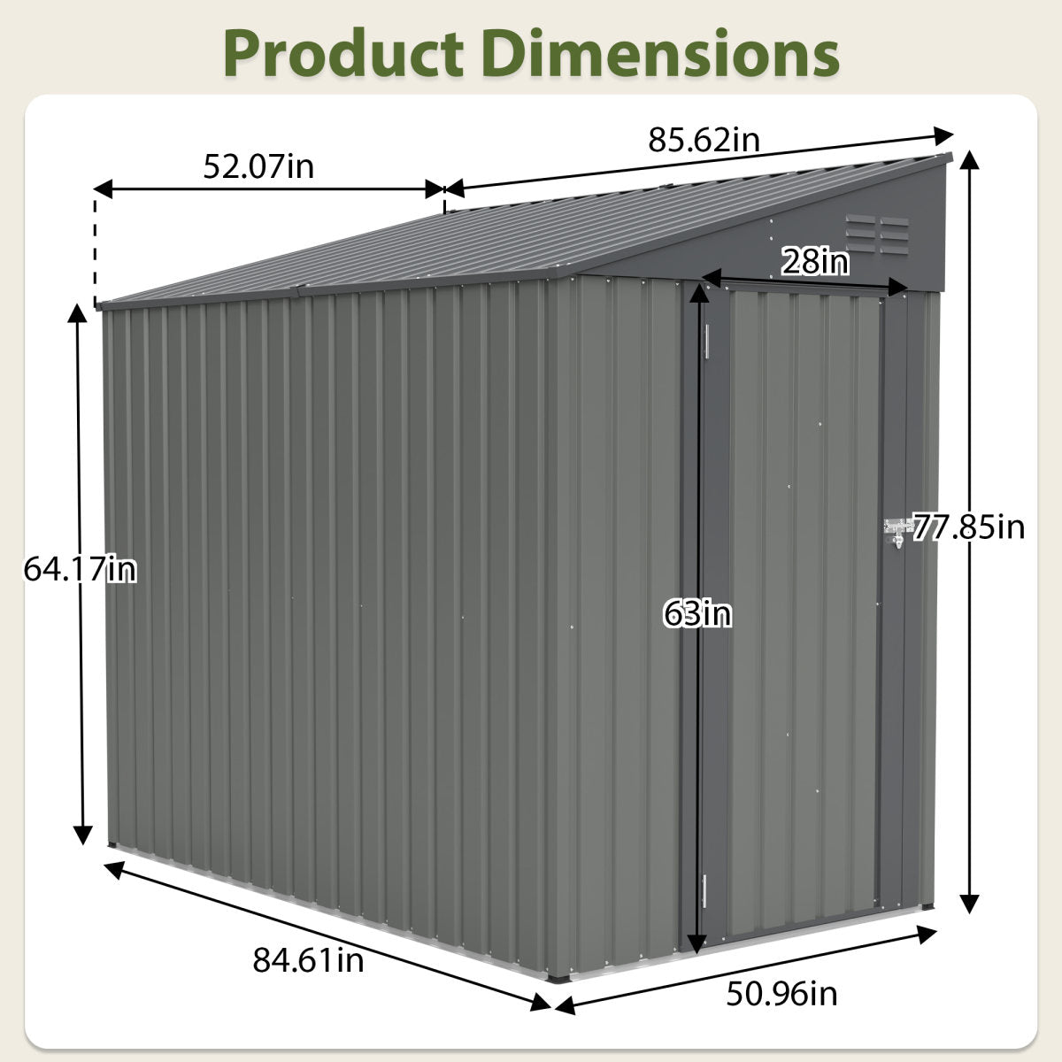4x7 Foot Lean-To Shed In Olive Grey, Heavy-Duty Steel Outdoor Storage For Garden Tools & Bicycles, Maximize Your & Patio Space With All-Weather Protection