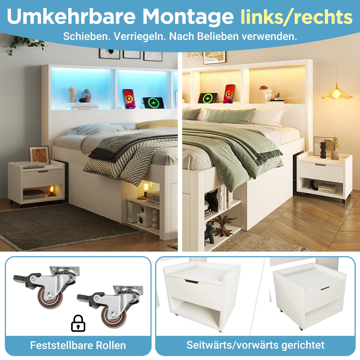 Functional Bed 90x200 Cm White With Storage And Movable Bedside Table 1 Piece , Single Bed Wood With LED Lighting USB-C Charging Function, Youth Bed With Drawers And Shelves, With Mattress