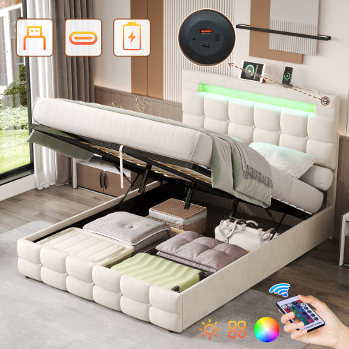 4ft6 Double Upholstered Bed Frame With Hydraulic Storage, Velvet Ottoman Bed With LED Lighting And Charging Station, Double Bed With Adjustable Button Tufted Headboard, Beige