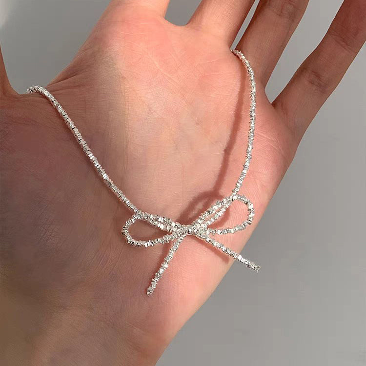 1 Set 999 Sterling Silver Bow Necklace And Bracelet Set, Shiny Minimalist Style, Perfect For Daily Wear And Valentine's Gift