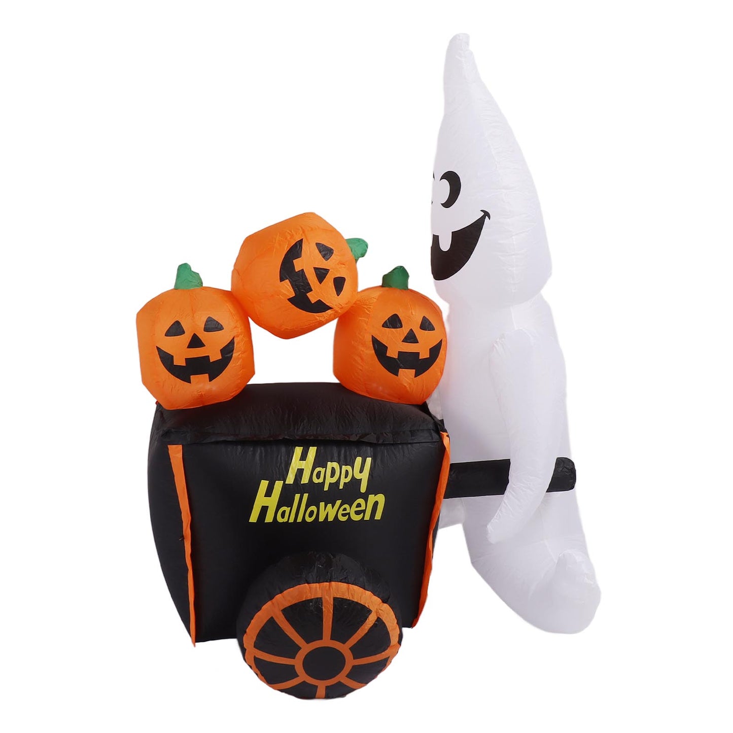 6ft Halloween Inflatable Ghost Pushing Pumpkin Cart Decor IP44 With Blower LED Lights Outdoor Inflatable Decoration US Plug 100‑240V