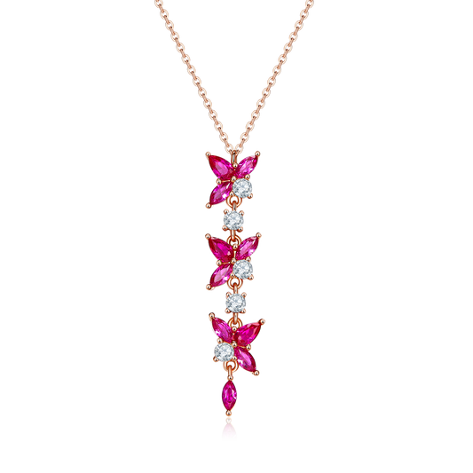 S925 Sterling Silver Y Drop Necklace, 5x3mm Lab-Grown Ruby Flower Dangle, Platinum Plated 3.7g Women's Elegant Jewelry Gift Box