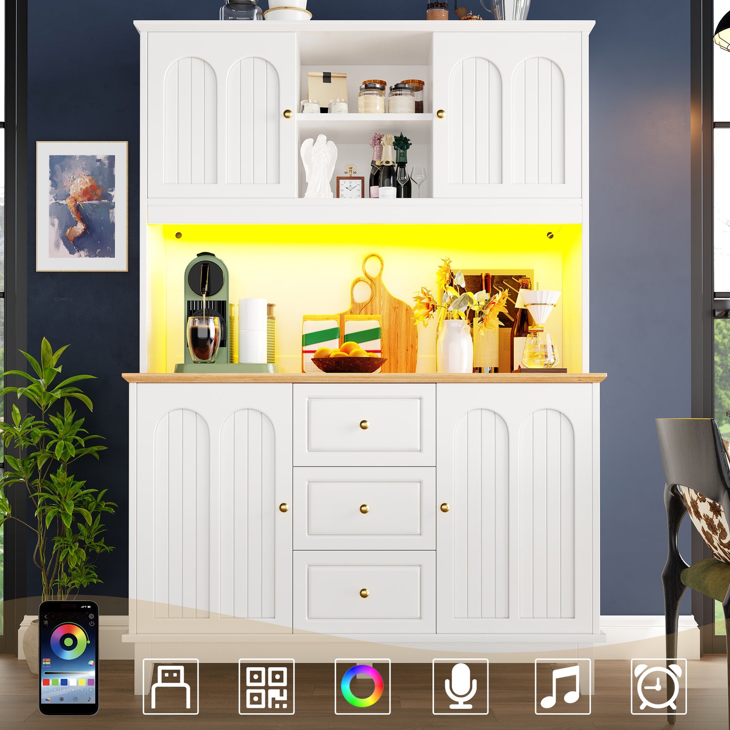 Pantry Cabinet With App Controlled LED Lights, 180cm Tall Kitchen Buffet Sideboard With 3 Drawers & Adjustable Shelves, Freestanding Storage Hutch For Dining Room & Kitchen