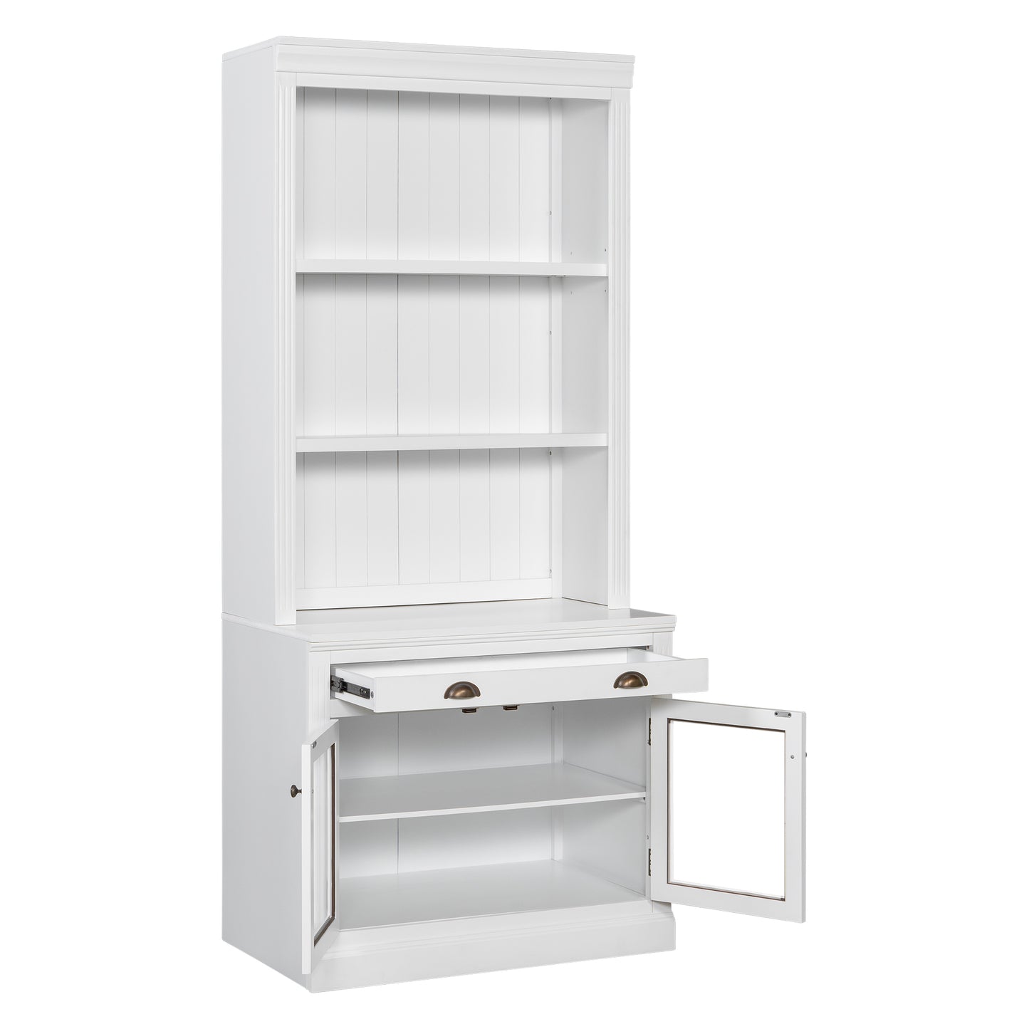 83.4Tall Bookshelf, Modern Bookcase With 2 Glass Doors And 1 Drawer,Storage Bookcase With Open Shelves For Living Room,Home Office,White