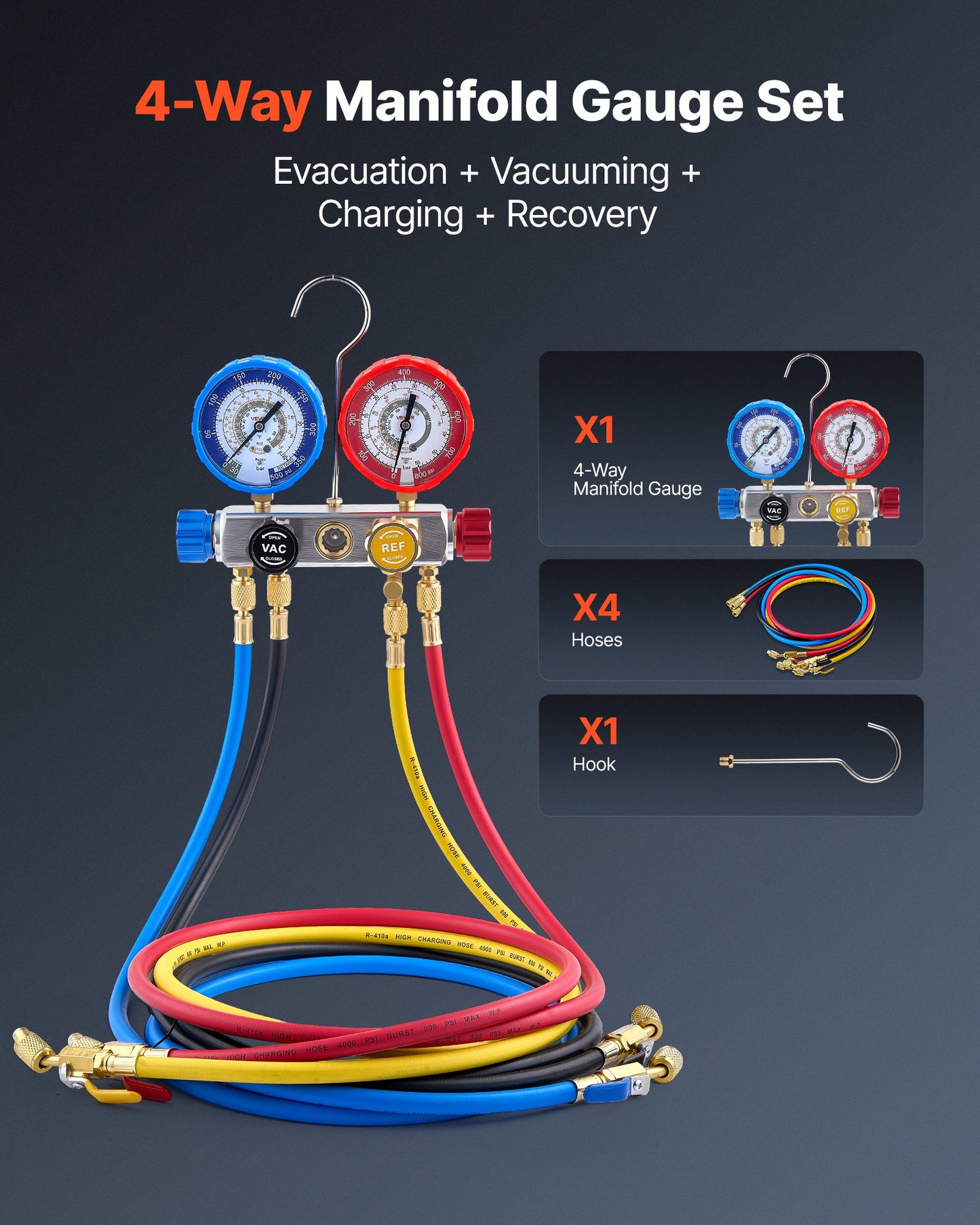 AC Manifold Gauge Set For R22 R404A R410A R12 Refrigerants, 4 Way AC Gauges With 5 Ft Hoses For Automotive & Household Air Conditioning Maintenance, Evacuation Vacuuming Charging And Recovery