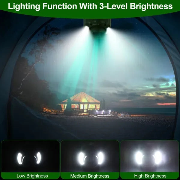 Portable Camping Ceiling LED Fan 10400mAh USB Battery Powered Hanging Tent Lantern Fan Power Bank With 3 Fan Speed 3 Light Brightness Smart Timer Display Remote Control