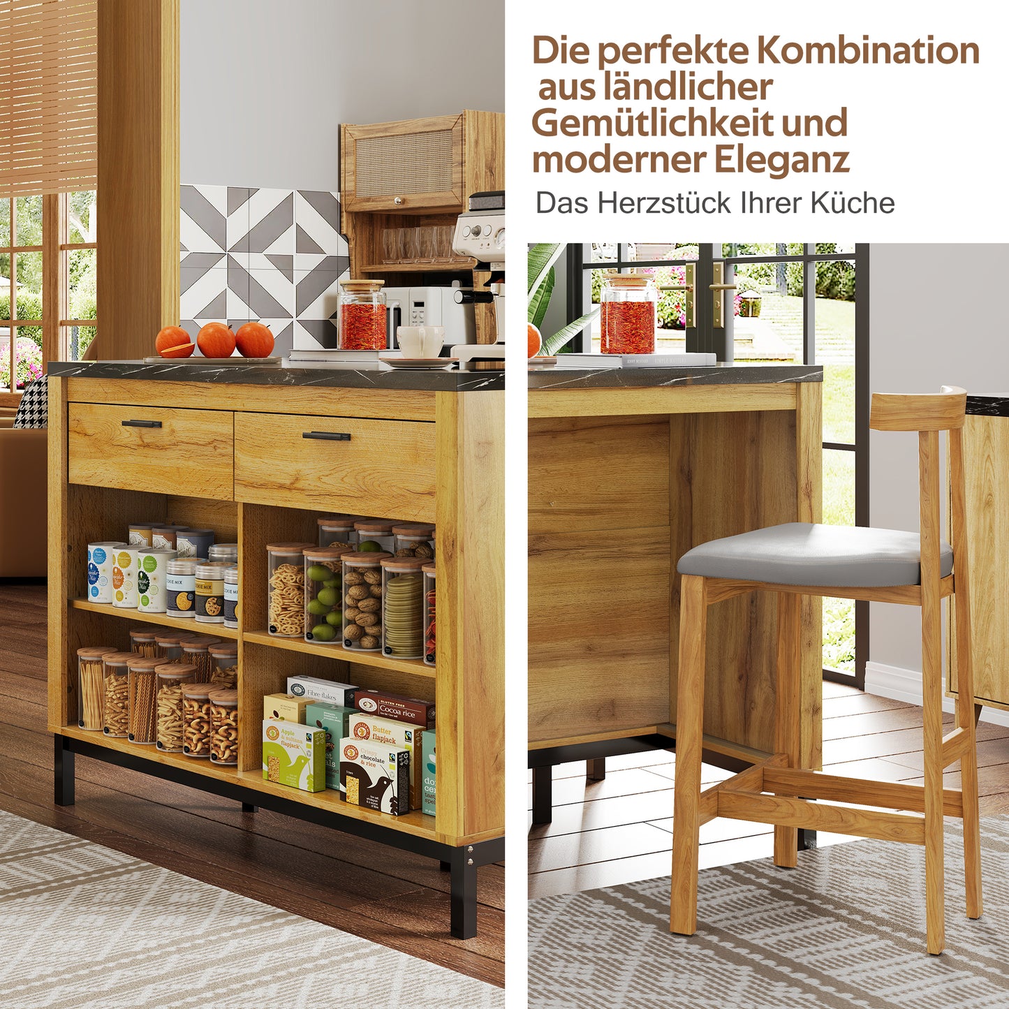 120x75x90cm, Country Style Kitchen Island - Kitchen Island With 2 Drawers And 4 Open Shelves, Oak Grain, Black Marble Worktop, Metal Frame, Back With Bar Area