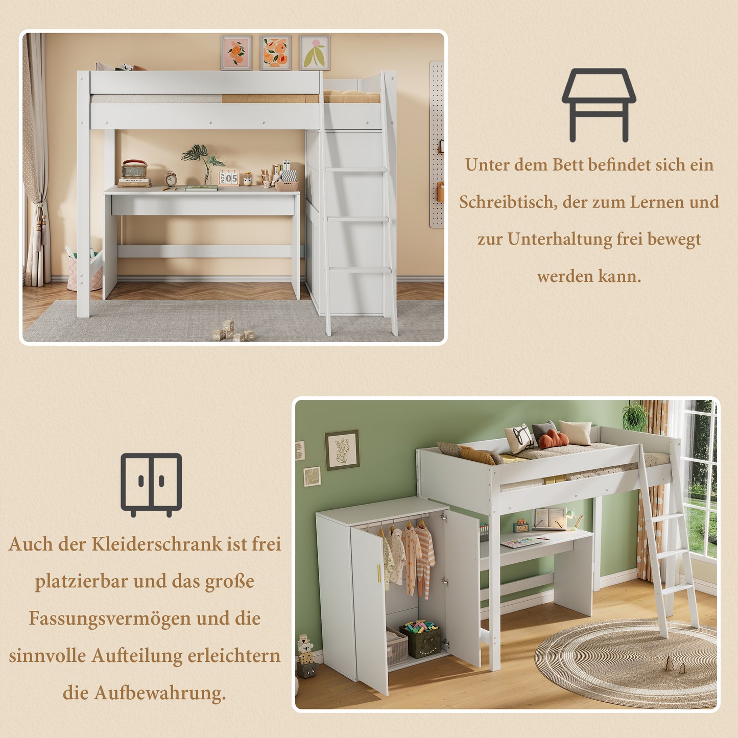 Children's Loft Bed, Multifunctional Children's Bed, With Ladder, With Desk, With Wardrobe, Freely Combinable, Without Mattress, Solid Wood, White 90X200