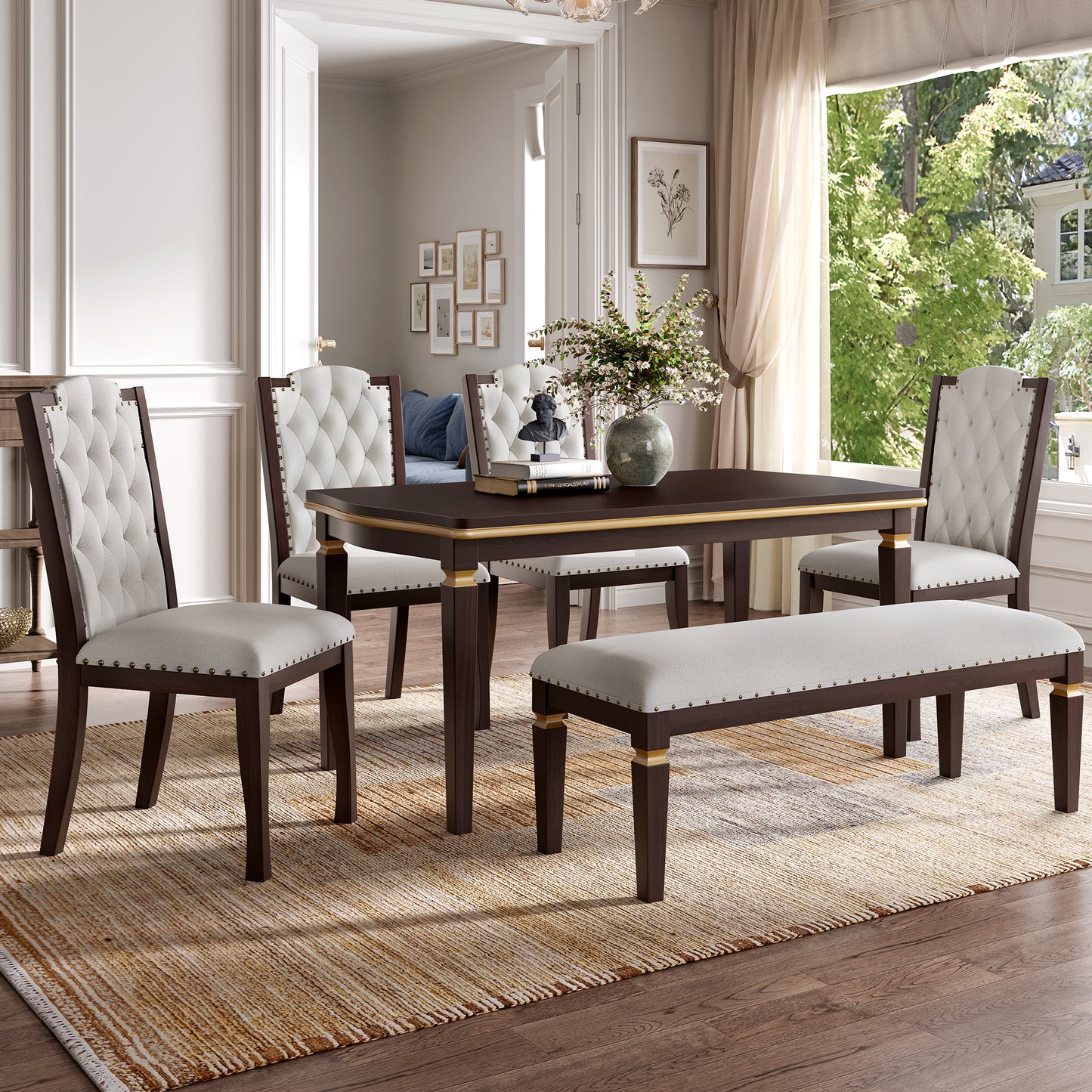 6 Piece Kitchen Dining Table Set, 60  Rectangular Table And 4 High-Back Tufted Chairs  1 Bench For Dining Room And Kitchen  Espresso  OLD