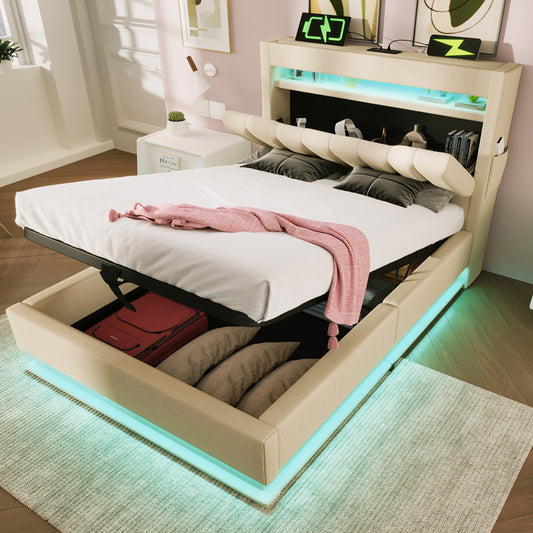 90x200cm Upholstered Bed Single Bed, Storage Headboard With USB And Type-C Ports, LED Lighting At The Head And Foot Of The Bed, With Hydraulic Storage, Beige, Linen.  Without Mattress