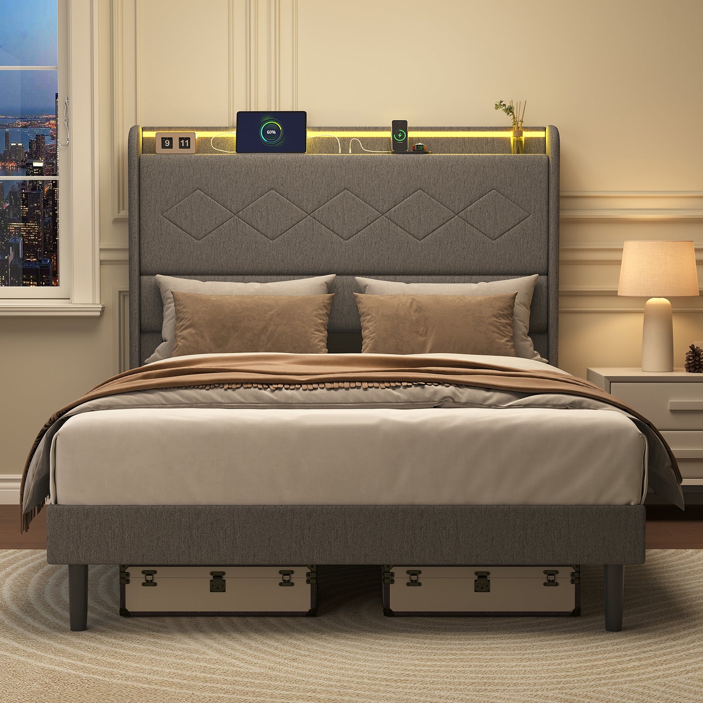 A Double Bed Frame With Adjustable Headboard, Equipped With 3 USB Charging Ports, LED Light Strips And Bluetooth Controller