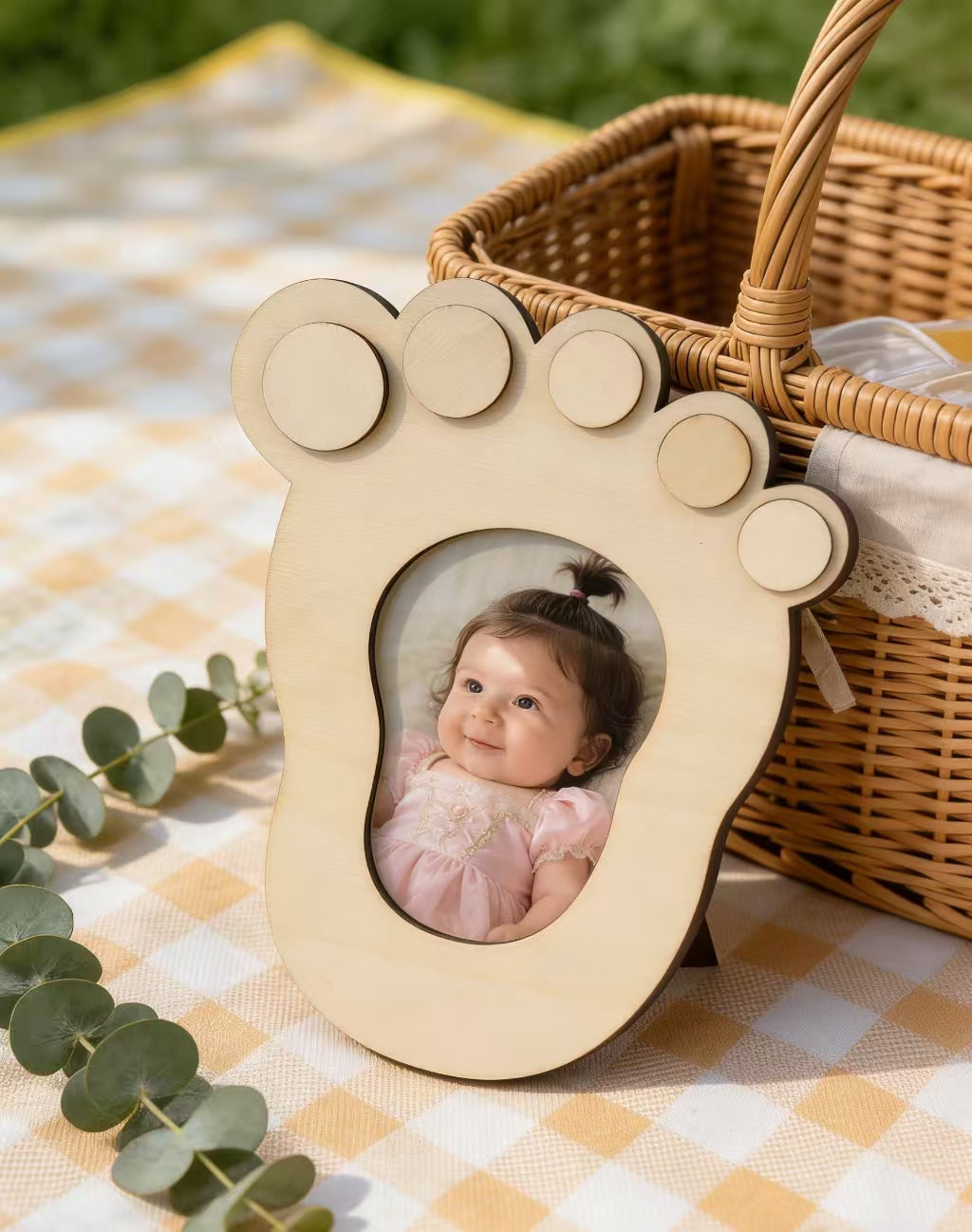Baby Footprint Wooden Photo Frame, DIY Writeable Newborn Keepsake Picture Frame, Natural Wood Baby Shower Gift For Infant Boys Girls