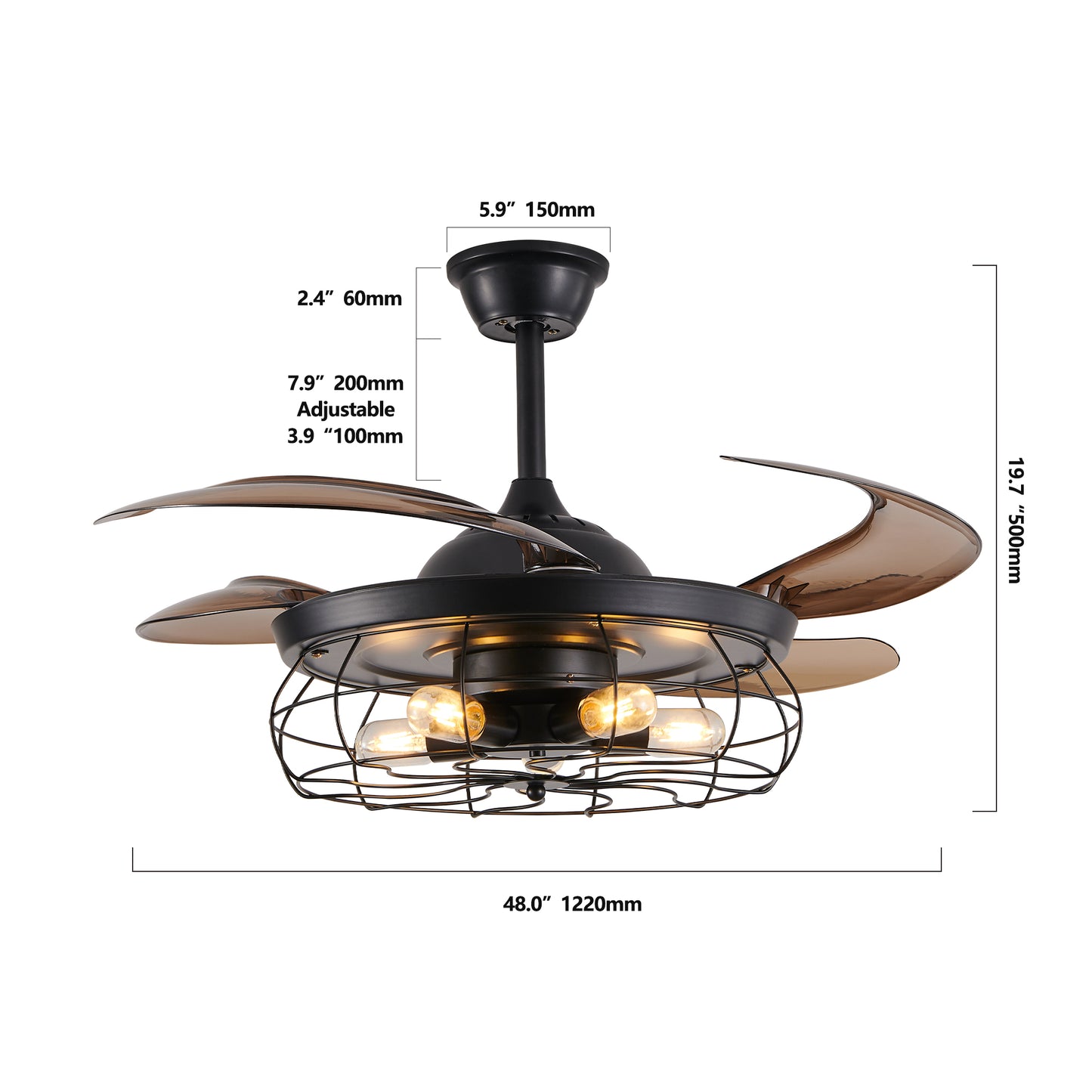 48  Black Remote Control Ceiling Fan Light   Industrial 4-Blade Fan With Cage Design And Adjustable Speed For Living Room, Bedroom, Or Office  Silent 6-Speed Reversible DC Motor Bulb Not Included