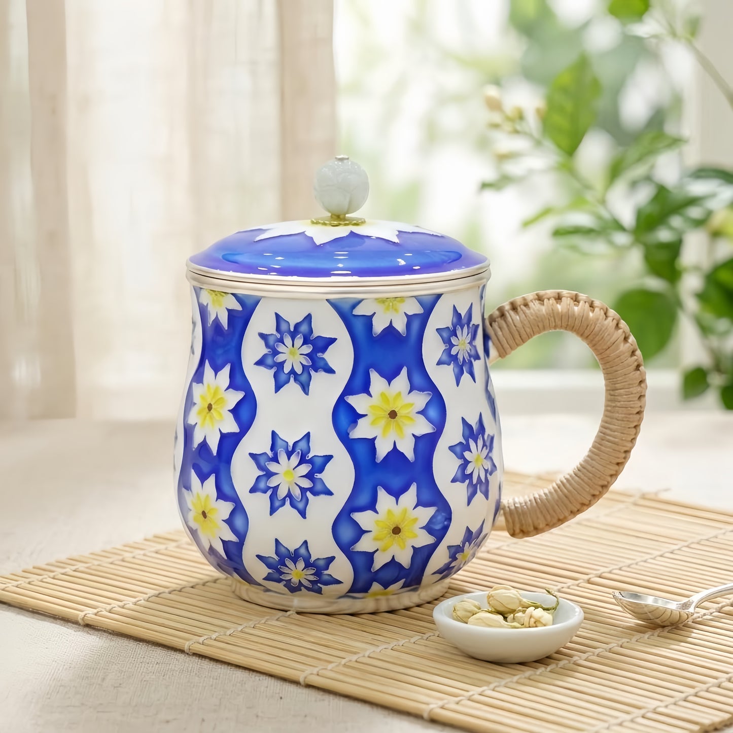 Pure 999 Fine Silver Elegant Blue-White Floral Ceramic Teacup with Woven Handle and Pearl Lid-Premium Indigo Tea Mug - Handicraft