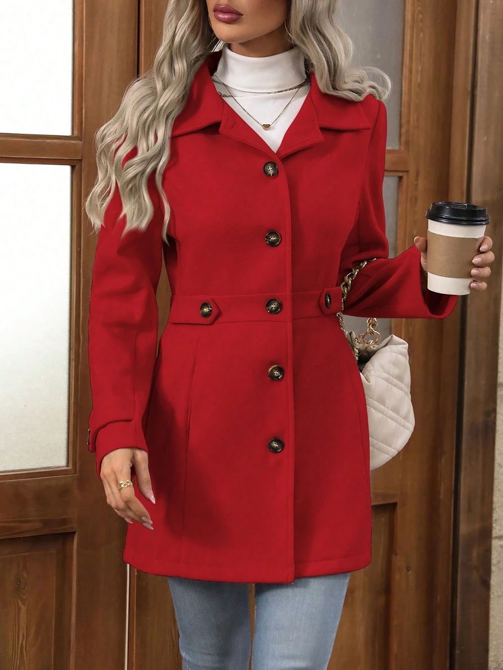 Women's Solid Color Wool Blend Coat, Fashion Lapel Button Up Casual Elegant Overcoat For Autumn