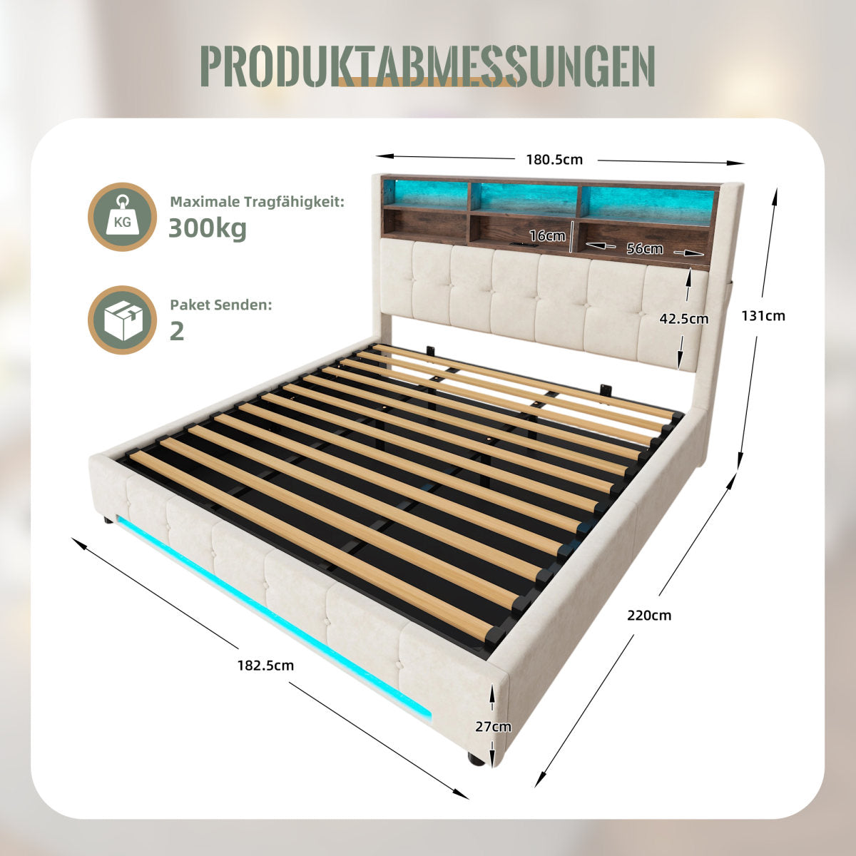 180x200 Cm Velvet Bed With Multifunctional Headboard 6 Compartments, Side Pockets, USB-C, LED, Hydraulic Function And Large, Dust-proof Storage Space Under The Bed - Practical Choice For The Bedroom.