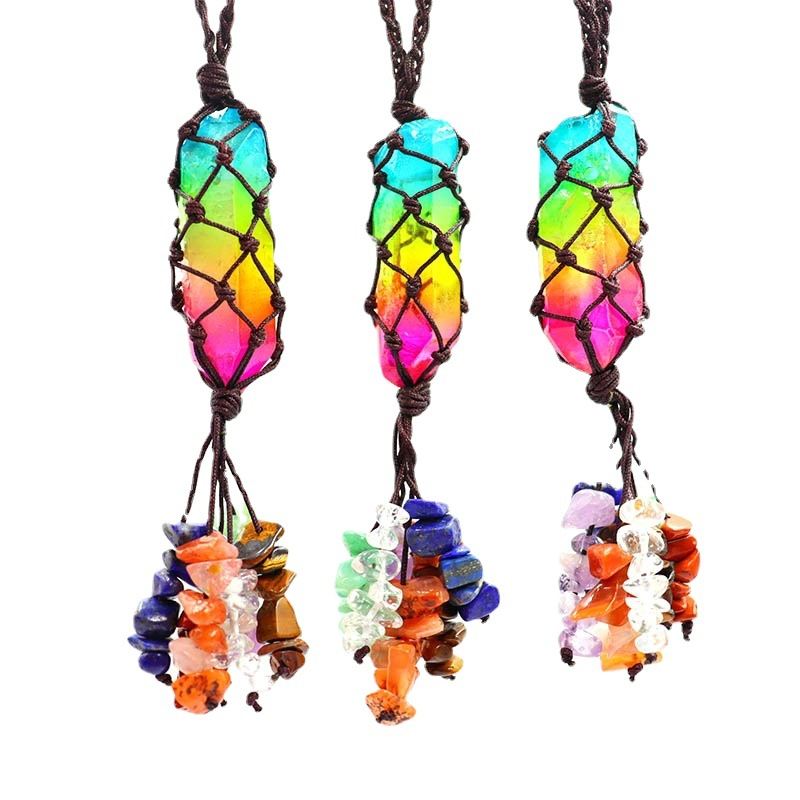 Woven Hexagon Prism Yoga Stone Car Hanging Tassel Pendant
