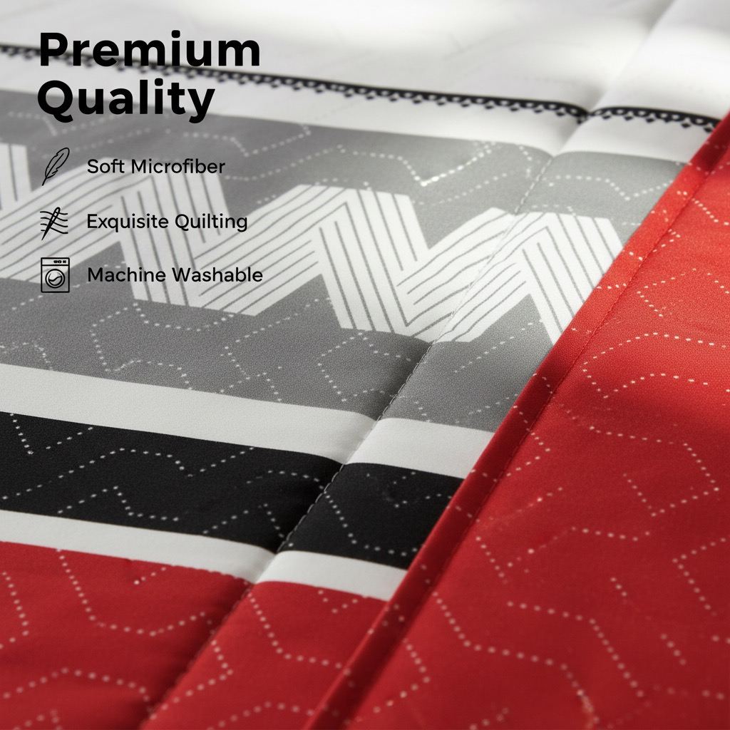 9 Piece Room In A Bag Quilt And Curtain Set, US Designer Red And Black Geometric Chevron Heavyweight Bedspread With 6 Customizable Window Panels, Pet-Friendly High GSM Coverlet