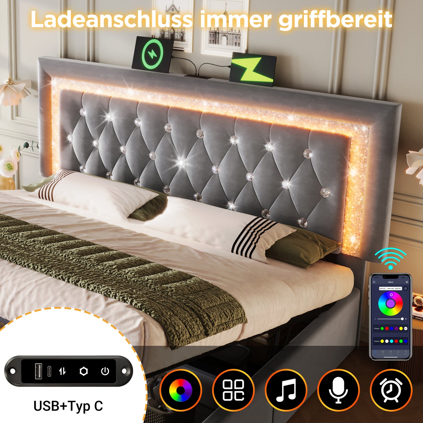 Upholstered Bed 160x200 Cm Velvet Double Bed With LED Diamond Band In The Headboard, USB & Type-C Charging Station, Hydraulic Bed Base, Youth Bed With Storage And Slatted Base, Grey  Without Mattress