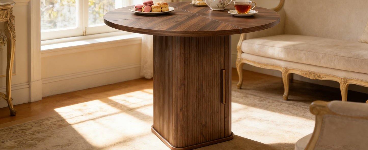 47in Dining Table Exquisite Round Table With 2 Storage Shelf Wood Slide Door And Wooden Base For Dining Room Home Kitchen Canteen