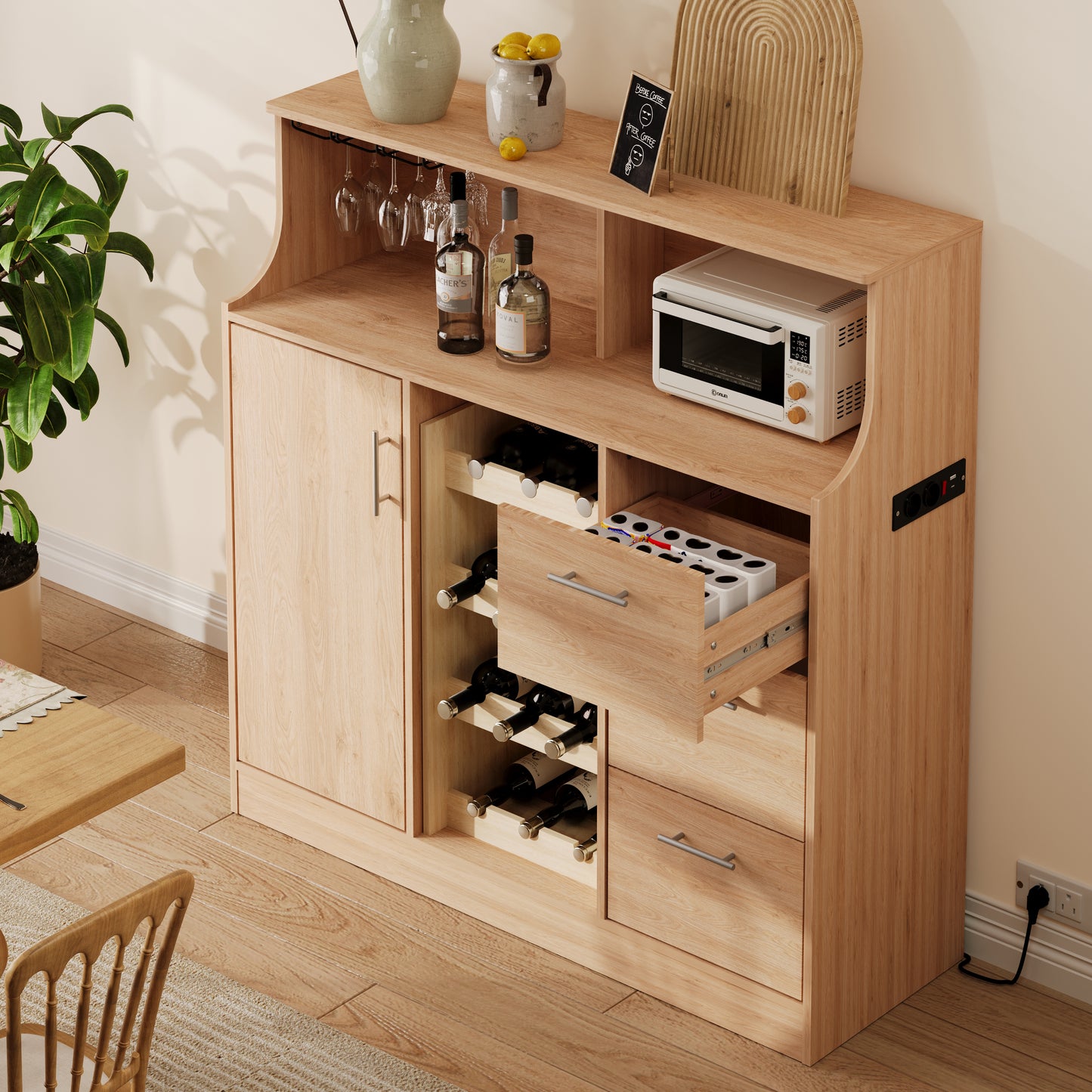 Sideboard, Restaurant-bar With LED, Sockets, Glass Holder, Wine Rack, Multi-layer Storage Space, Suitable For Use In The Restaurant And Kitchen