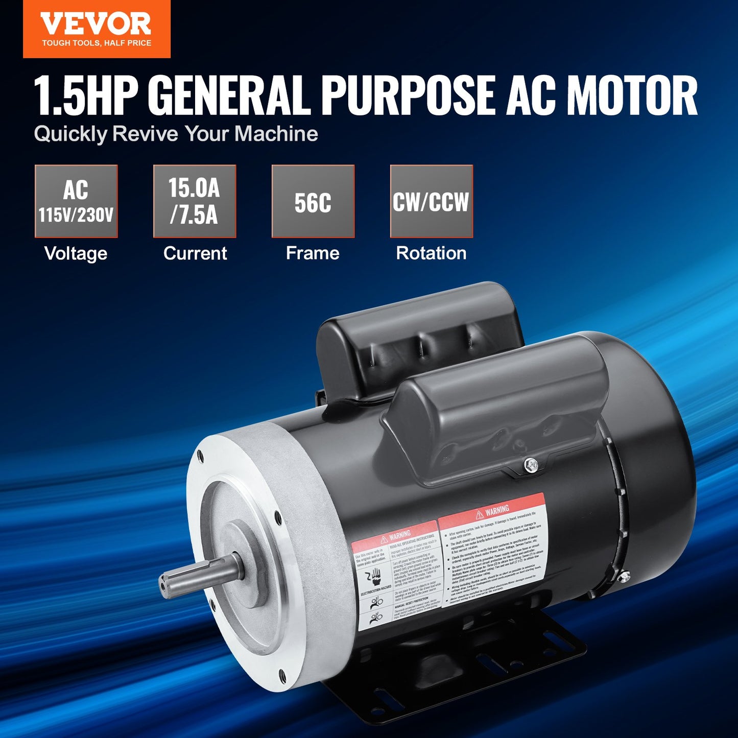 1.5HP Electric Motor 3450 Rpm, AC 115V/230V, 56C Frame, Air Compressor Motor Single Phase, 5/8' Keyed Shaft, CW/CCW Rotation For Agricultural Machinery And General Equipment
