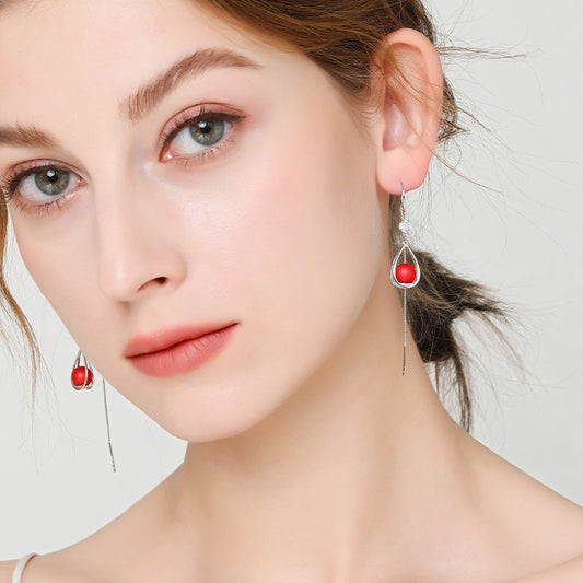 1 Pair 999 Sterling Silver Zircon Teardrop Red Bead Long Threader Earrings, Elegant & Versatile, Perfect For Daily, Dating & Festivals, Ideal Valentine's Gift