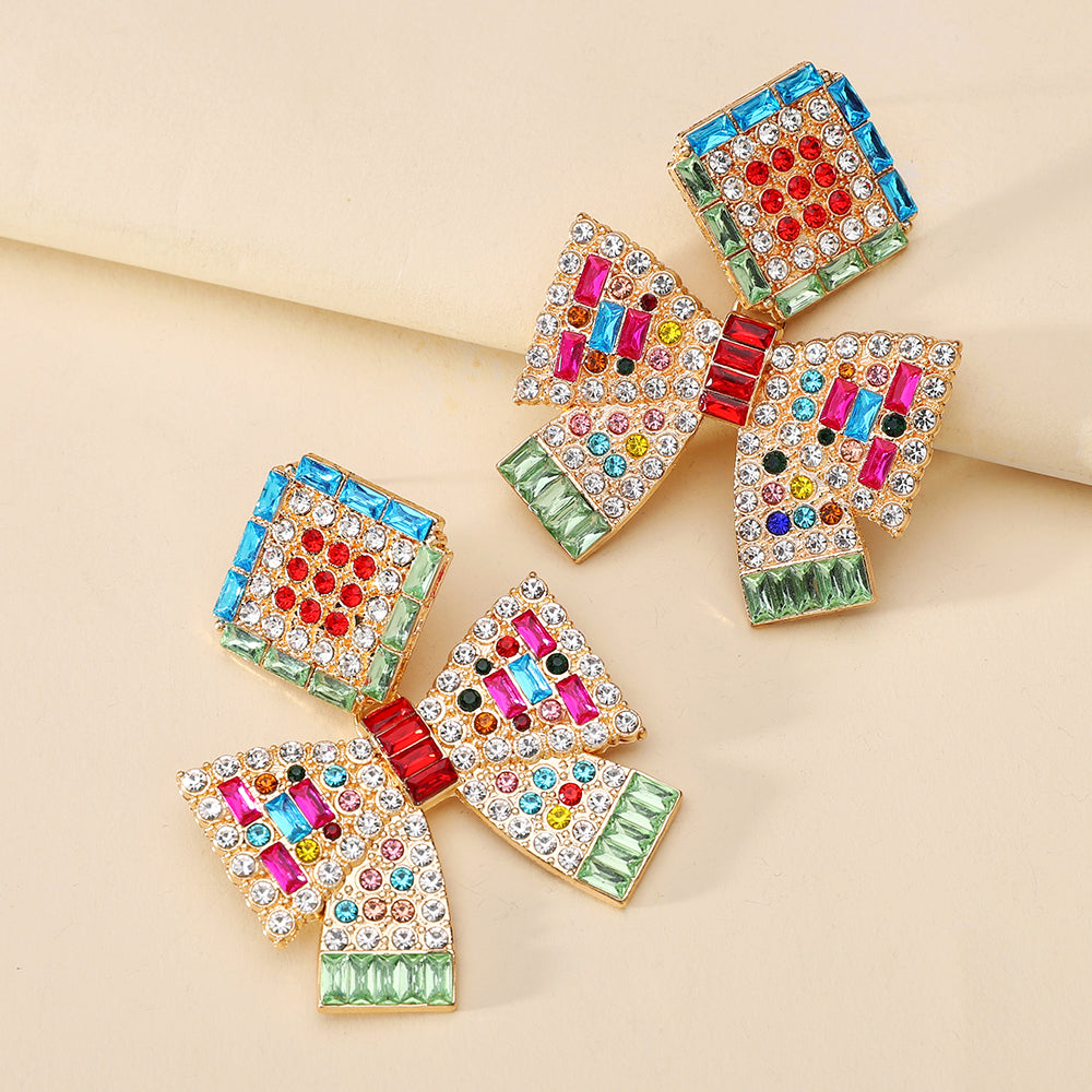 Multicolor Paved Rhinestone Bow Dangle Earrings For Women Boho Statement Vacation Party Daily Wear Accessories