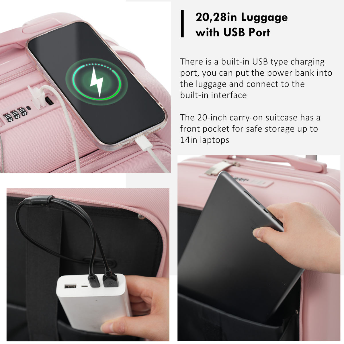 4-Piece Luggage Set with USB Charging Ports - 20in Carry-On (Front-Opening for Laptop) 28in Checked Suitcase with TSA Lock Travel Duffel Bag Wet-Dry Toiletry Bag, pink