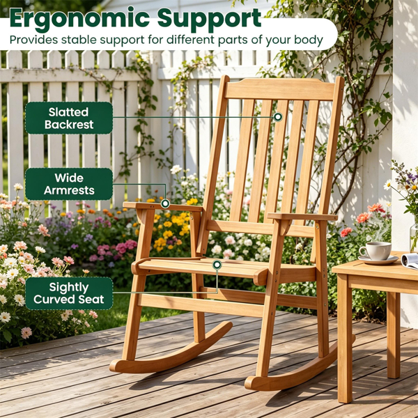Solid Acacia Wood Outdoor Rocking Chair, Heavy Duty 400LBS Capacity Porch Rocker With Slatted Back For B Ackyard Deck Garden