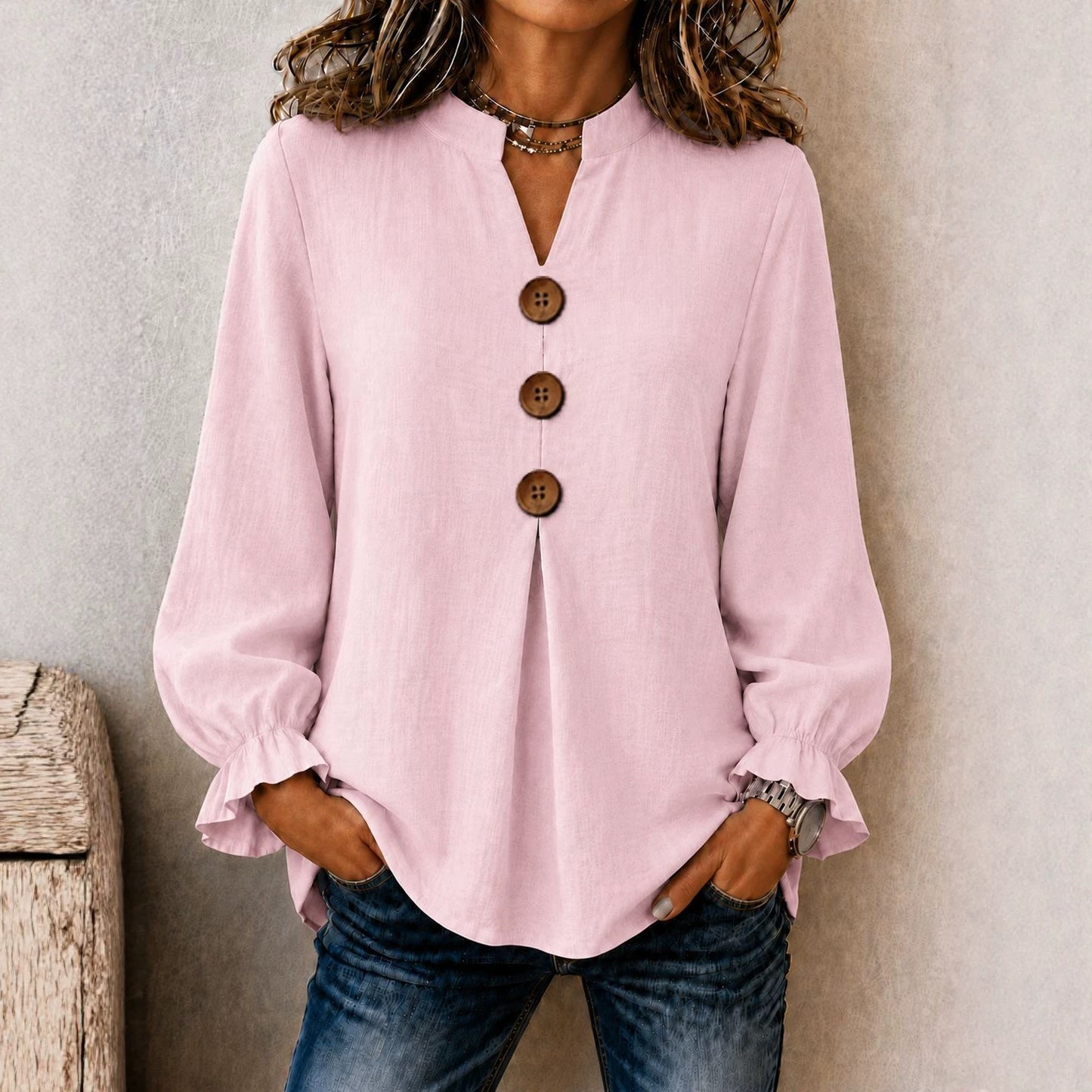New Womens Fashion Long-sleeve V-neck Solid-color Button-up Top For Fall And Winter