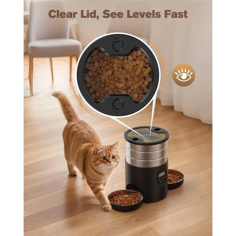 Dual Bowl Automatic Cat Feeder For Two Cats With Stable Anti Slip Design And Programmable Timer Offering One To Ten Portions Per Meal Transparent Locking Lid And Smart Dispenser For Both Dry And Wet F