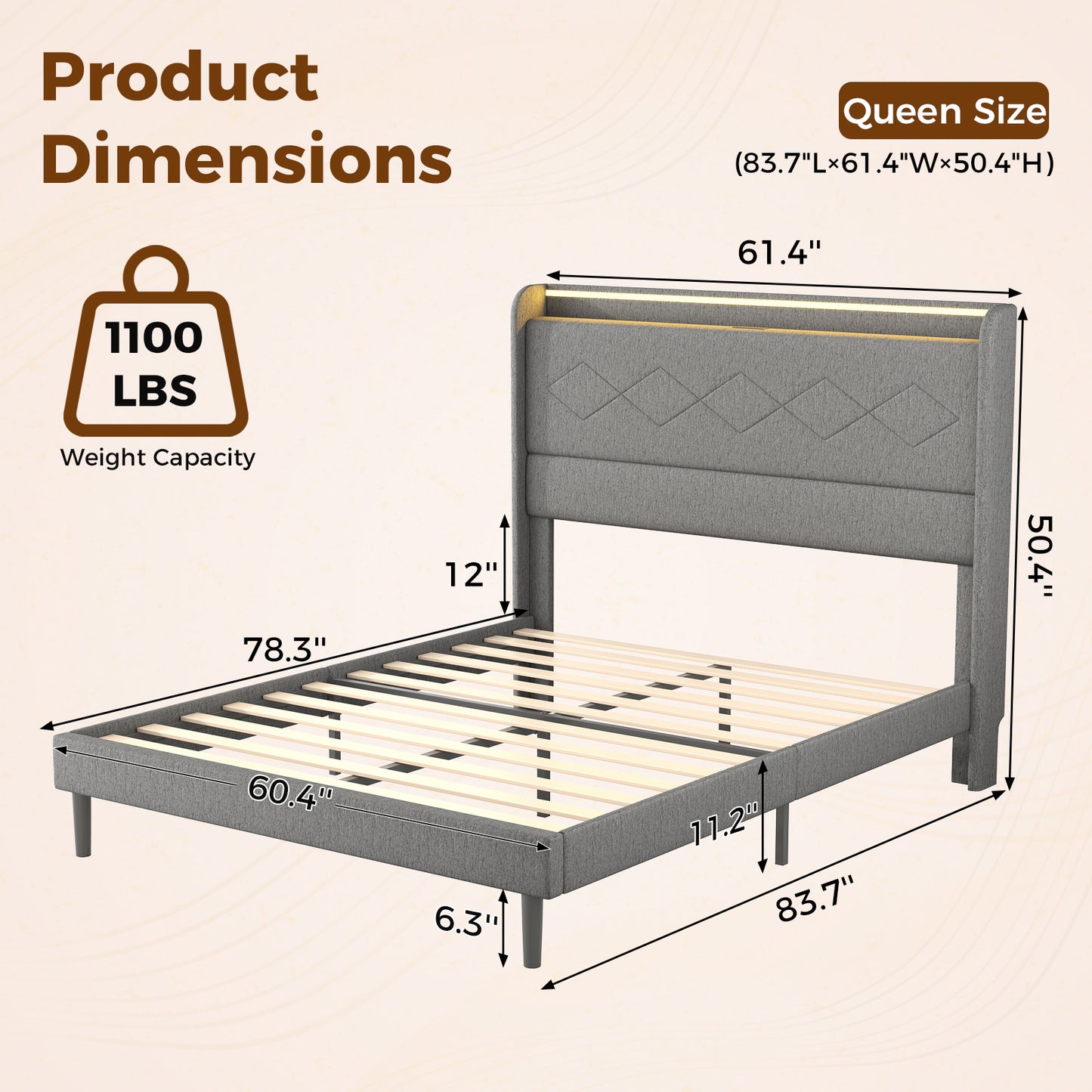 A Double Bed Frame With Adjustable Headboard, Equipped With 3 USB Charging Ports, LED Light Strips And Bluetooth Controller