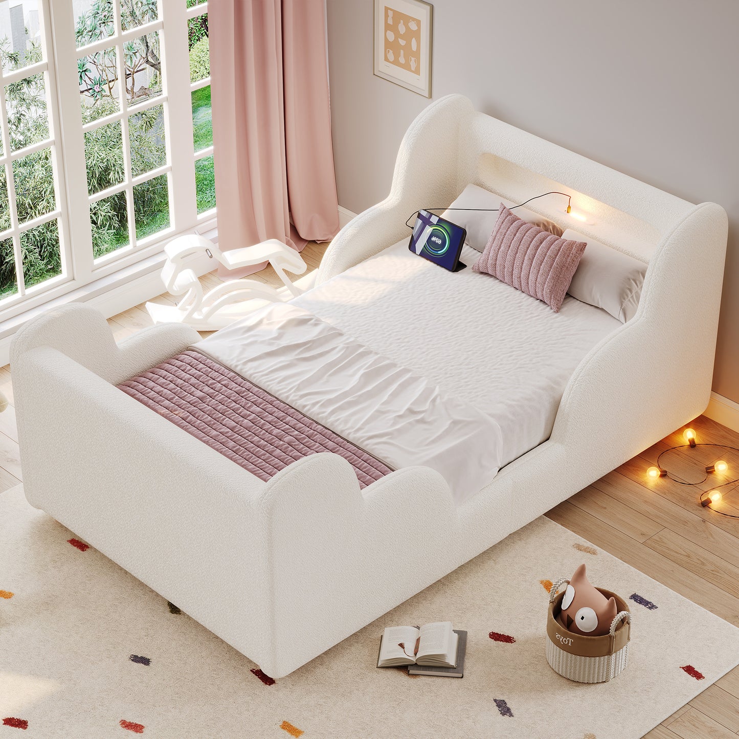 Children's Bed 90 X 200cm, Upholstered Bed, Single Bed, With Safety Railing, With Night Light And USB Charging Port And Storage Compartments, Bed Legs Made Of Solid Wood, Beige Boucle