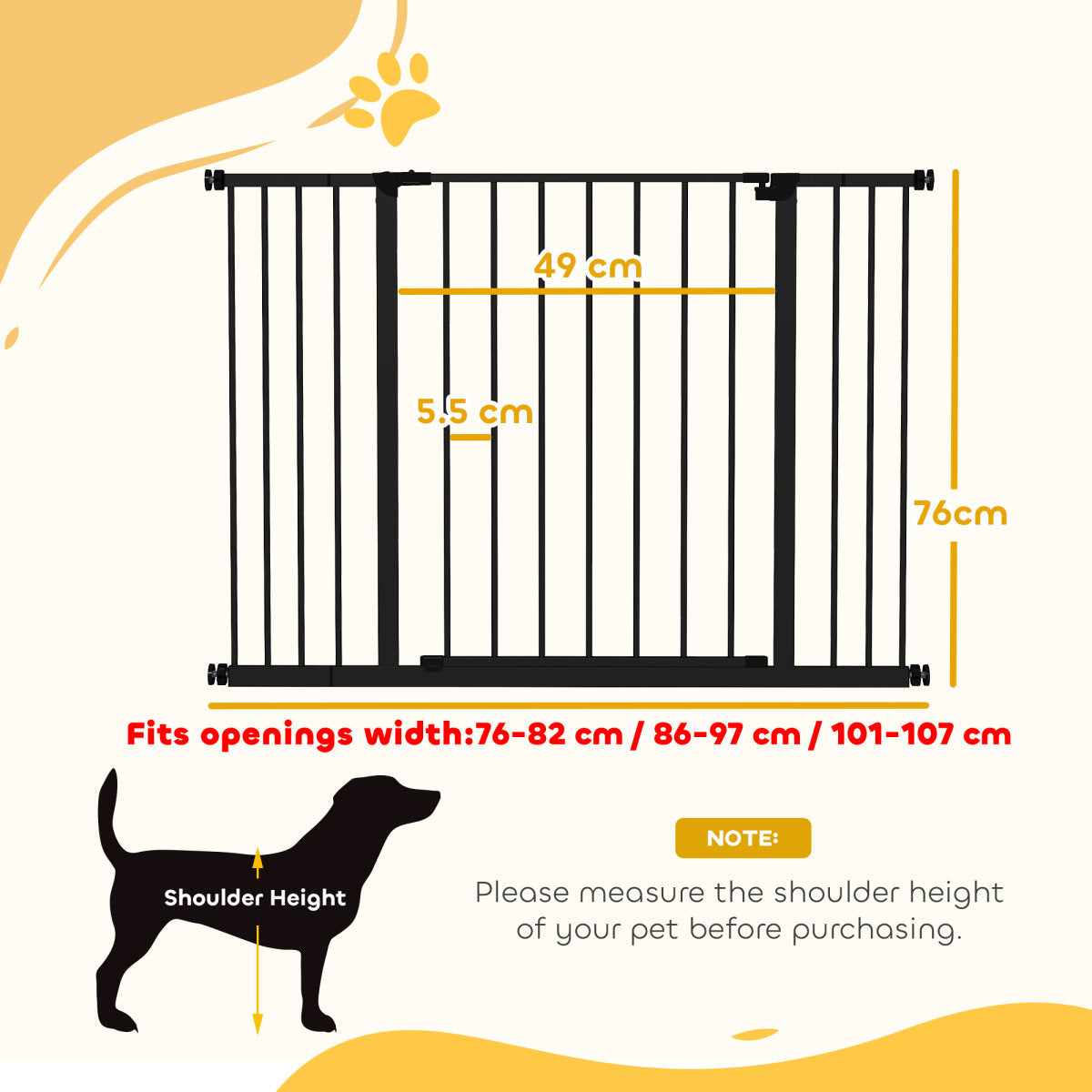 PawHut Dog Gate Pet Safety Gate Stair Barrier Pressure Fit Adjustable 76-82/86-97/101-107 Cm, Black