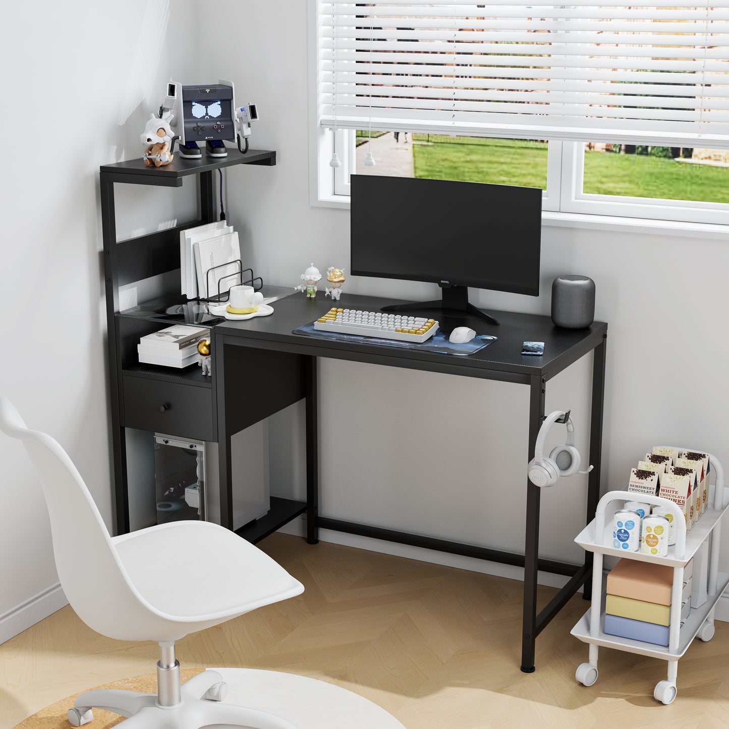 Computer Desk With Power Outlet & Storage Shelves, Study Writing Table With USB Ports Charging Station, PC Desk Workstation For Home Office, Black