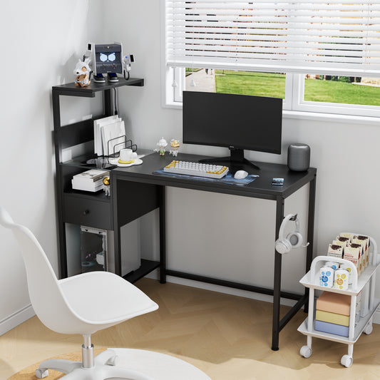 Computer Desk With Power Outlet & Storage Shelves, Study Writing Table With USB Ports Charging Station, PC Desk Workstation For Home Office, Black