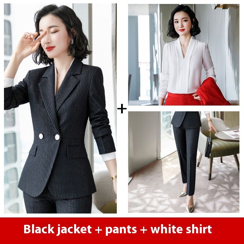 Temperament Korean Style Fashion Striped Red Business Suit Women