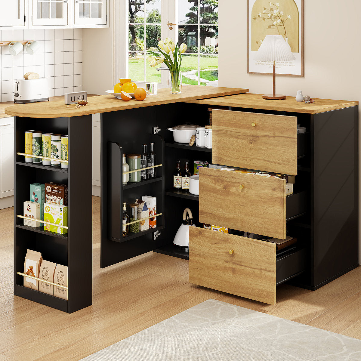 Extendable Bar Table With Storage Space 138-204 X 39 X 104 Cm, 360 Rotating Dining Bar, Modern Mobile Bar Table, High Table Kitchen Island Bistro Table, Sideboard With Wood Grain Finish