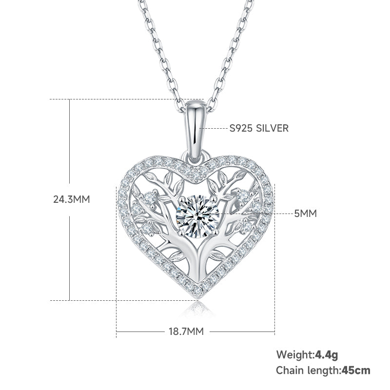 4.4g S925 Sterling Silver Tree Of Life Heart Necklace  5mm Center Stone With 42 Moissanite Pendant, GRA Certified, Platinum Plated Romantic Jewelry Gift Box Set
