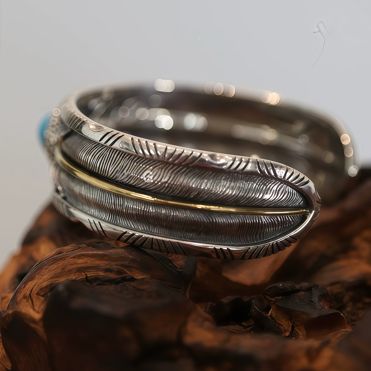 Vintage Native Feather Turquoise Open Cuff Bangle For Men Women, Copper Plated Silver Two-Tone Oxidized Western Tribal Adjustable Wrist Jewelry Gift
