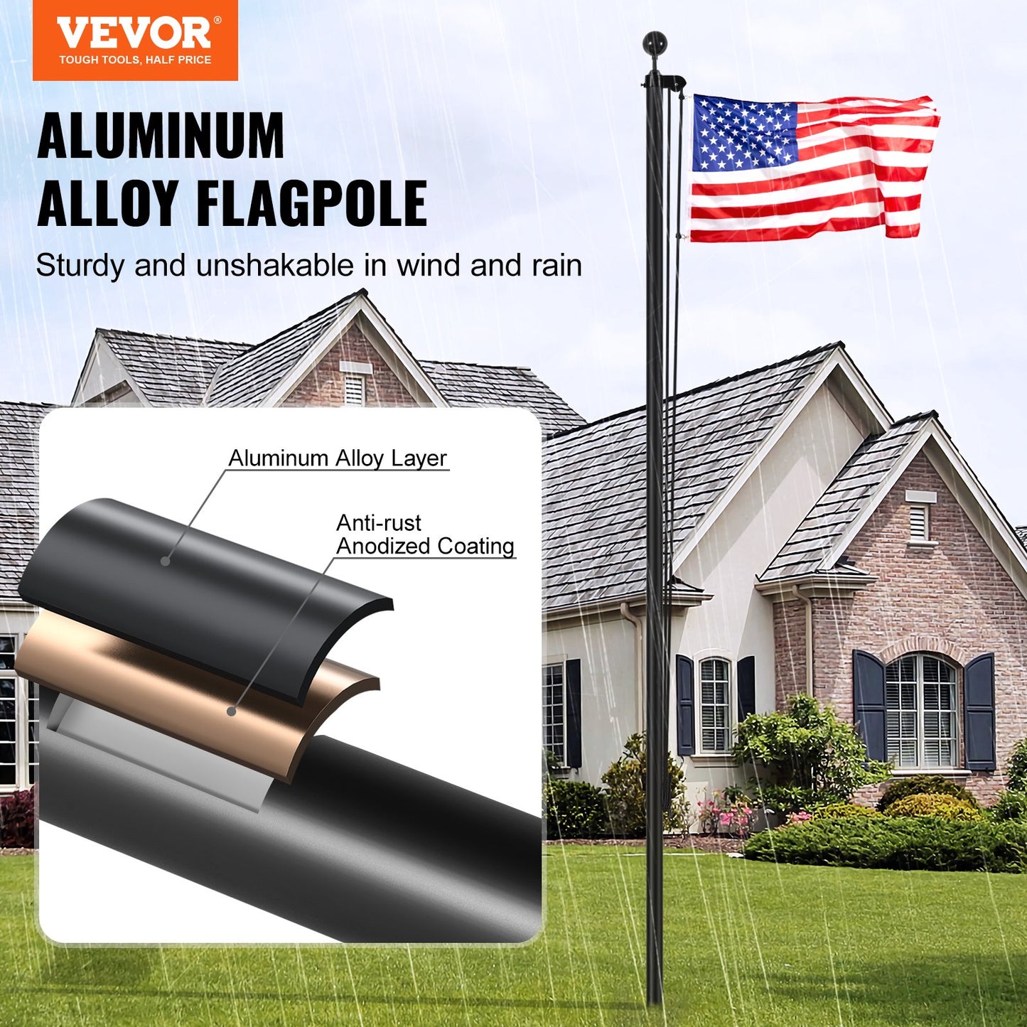 25FT Sectional Flag Pole Kit, Heavy Duty Aluminum Alloy In Ground Flag Poles For Outside, 3 Display Modes Flagpole With 3x5 American Flag, Professional Accessories, Black