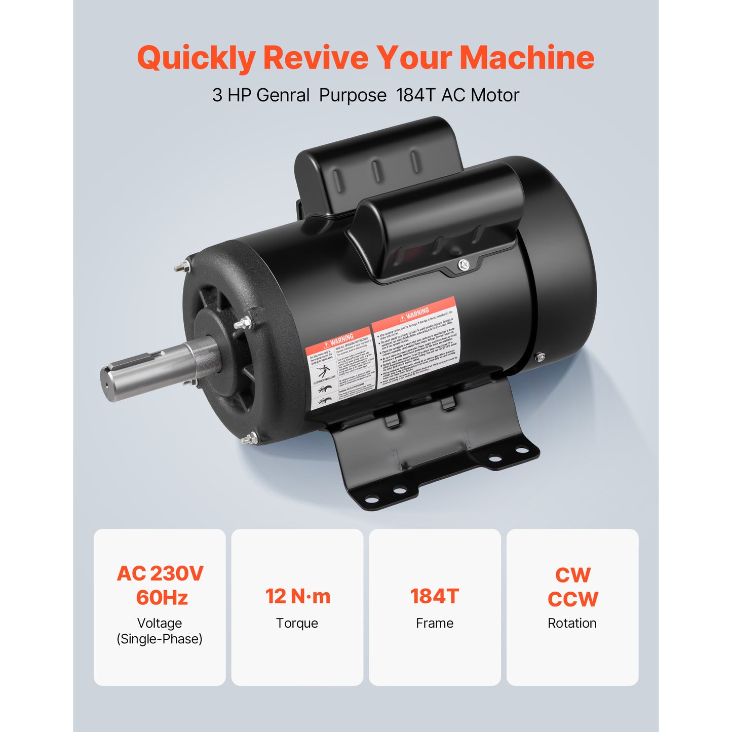 3 H P Electric Motor, 1750RPM Air Compressor Motor, CW CCW Rotation, 1.125 Inch Shaft Diameter, 2.75inch Shaft Length, 12N.m Torque, Single-Phase, TEFC Cooling, 230V, 184T Frame