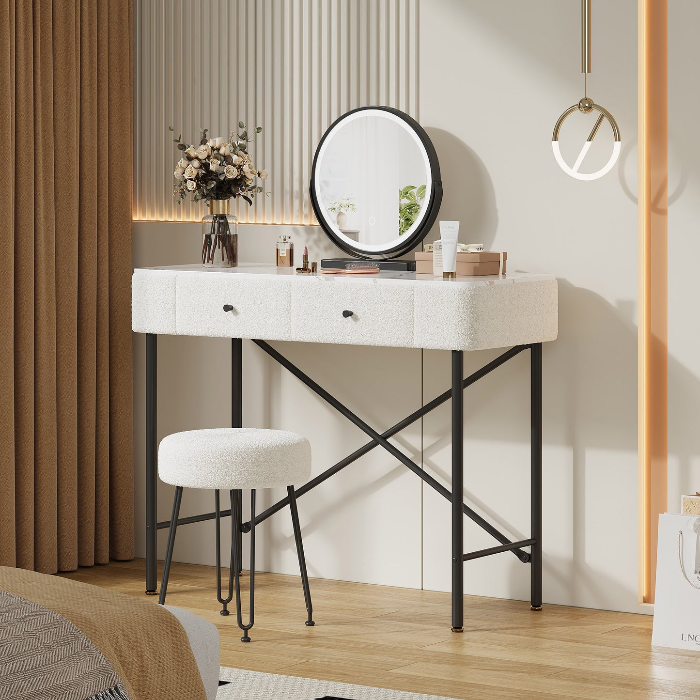 Dressing Table With Lighting And Stool, Dressing Table With LED Mirror, 2 Drawers, Table Top With Marble Look, Modern Cosmetic Table With Fleece Decoration, Black & White, 100x40x120cm