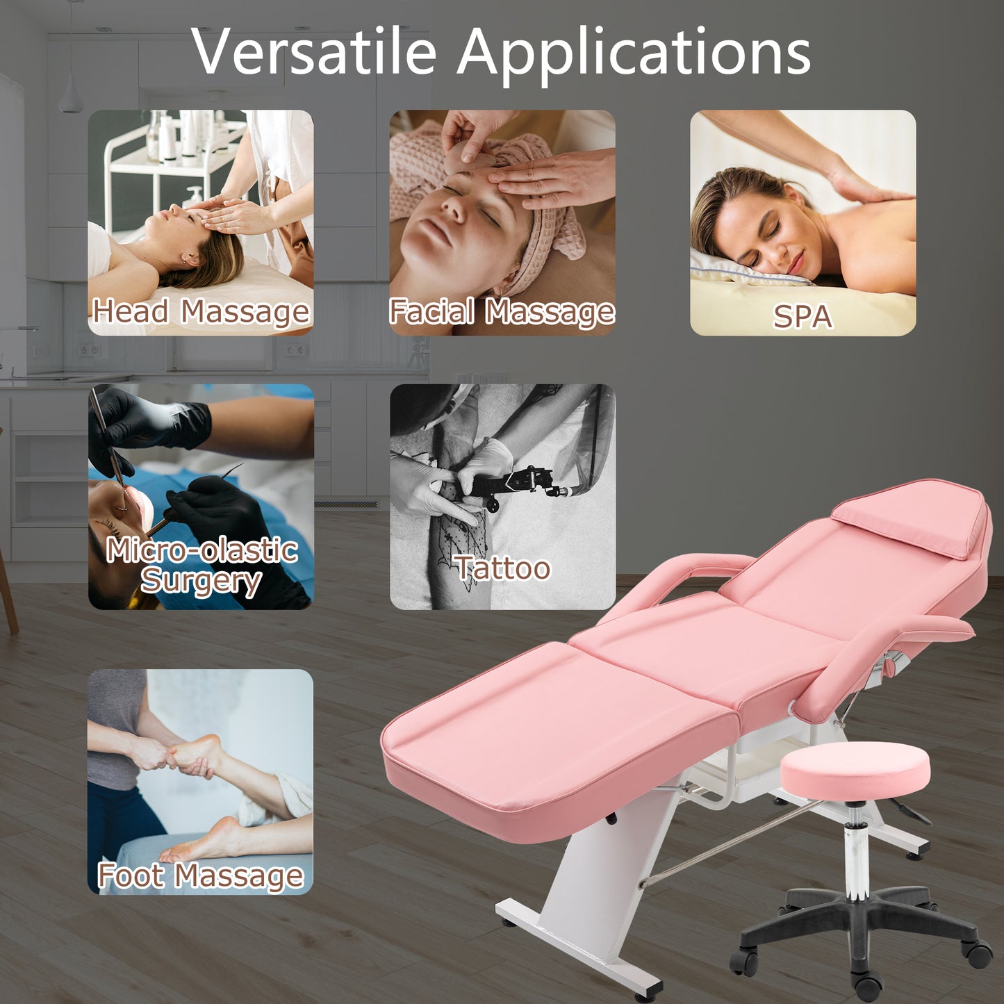 Massage Salon Tattoo Chair With Two Trays Esthetician Bed With Hydraulic Stool,Multi-Purpose 3-Section Facial Bed Table, Adjustable Beauty Barber Spa Beauty Equipment
