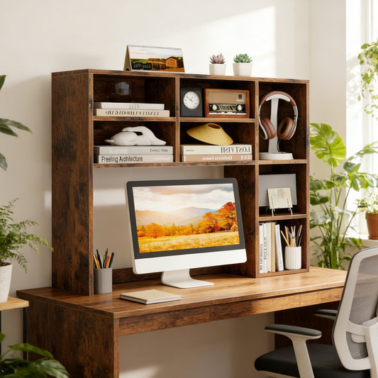 Desktop Bookshelf With 7 Open Cubbies And 3 Adjustable Shelves 2 Anti-toppling Kits For Computer Desk, Writing Desk, Vanity Table, Coffee Bar